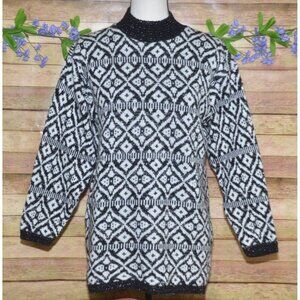 Vintage American Pride Ladies L Black White Geometric Mock Neck Sweater Metallic